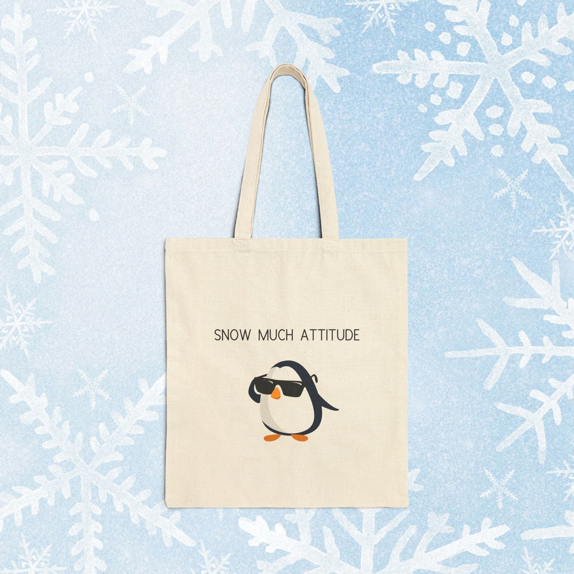 Winter Penguin Canvas Tote Bag - Cool Penguin design with text 'Snow Much Attitude'