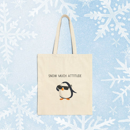 Winter Penguin Canvas Tote Bag - Cool Penguin design with text 'Snow Much Attitude'
