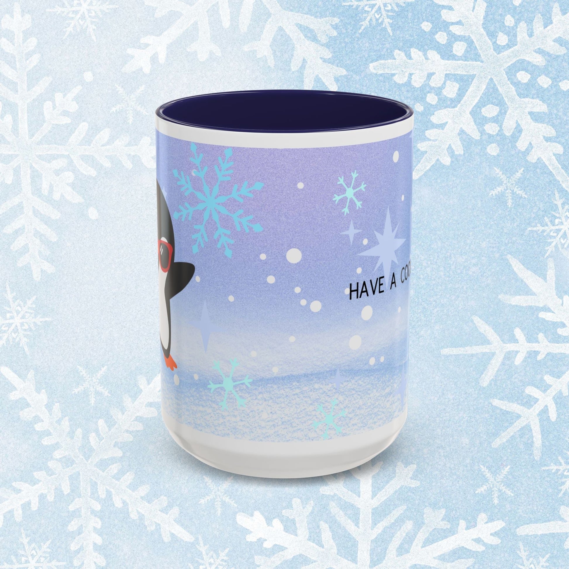 Cool Christmas Mug - Penguin and Winter Themed Cool Xmas Coffee Mug, with text saying 'have a cool xmas' and a cool penguin with a winter themed background