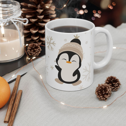 Penguin Mug - Cute Ceramic white mug with a cute penguin design wearing a winter hat. On the other side of the mug there is a text saying "Cute by nature".