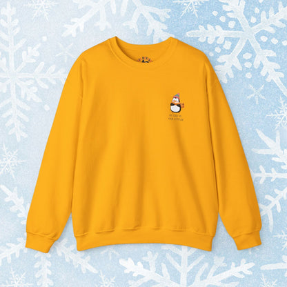 Funny Winter Sweatshirt - Penguin with an Attitude, Unisex Sweatshirt. Small Penguin design on the side with winter clothing, and text 'as cold as your attitude'