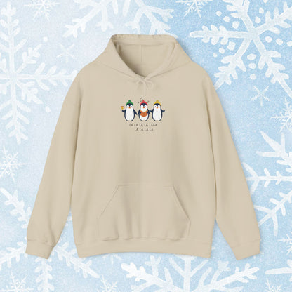 Christmas Caroling Hoodie - Funky Holiday Themed Warm Hoodie, with a design of 3 christmas penguins singing Fa La La La Laaa La La La