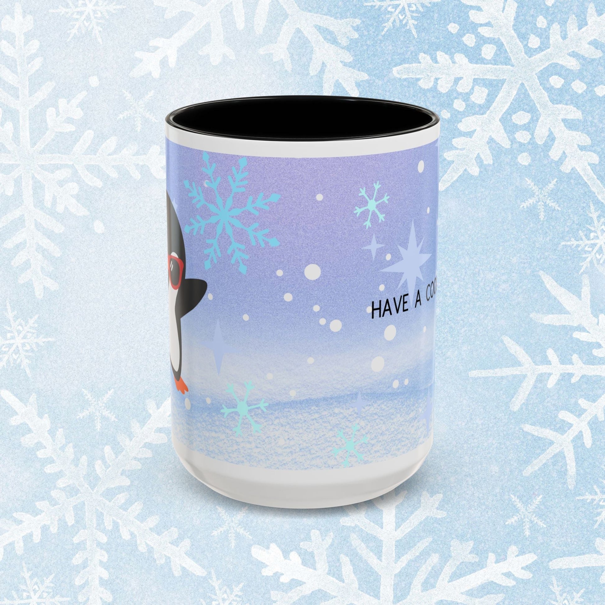 Cool Christmas Mug - Penguin and Winter Themed Cool Xmas Coffee Mug, with text saying 'have a cool xmas' and a cool penguin with a winter themed background