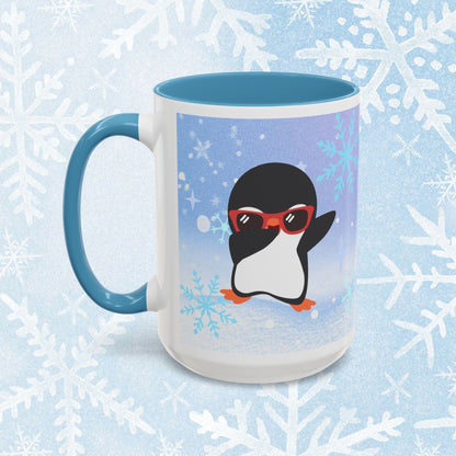 Cool Christmas Mug - Penguin and Winter Themed Cool Xmas Coffee Mug, with text saying 'have a cool xmas' and a cool penguin with a winter themed background