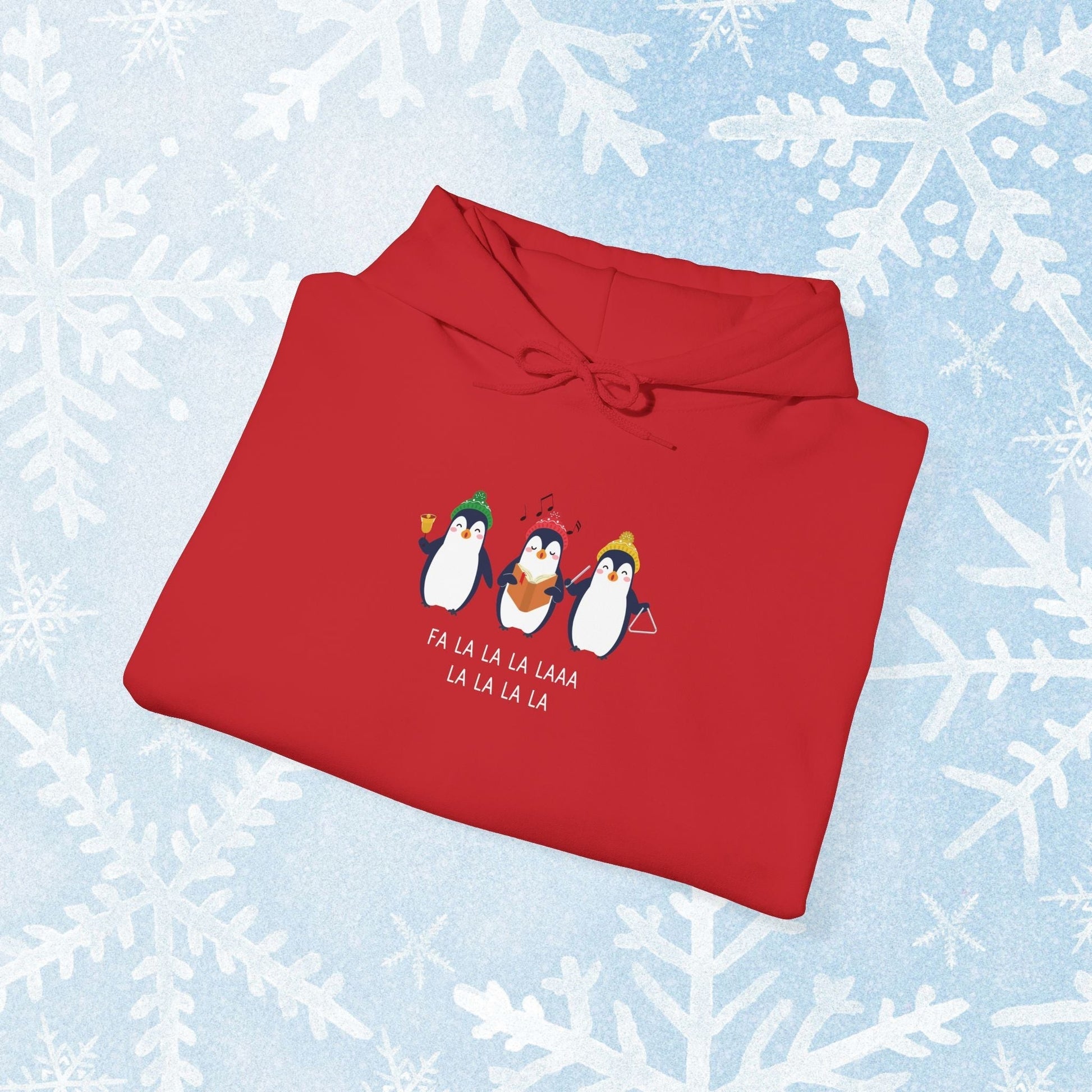 Christmas Caroling Hoodie - Funky Holiday Themed Warm Hoodie, with a design of 3 christmas penguins singing Fa La La La Laaa La La La