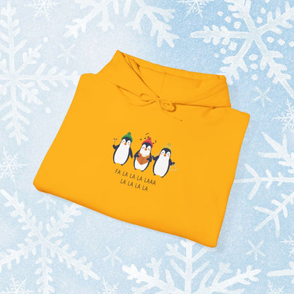 Christmas Caroling Hoodie - Funky Holiday Themed Warm Hoodie, with a design of 3 christmas penguins singing Fa La La La Laaa La La La