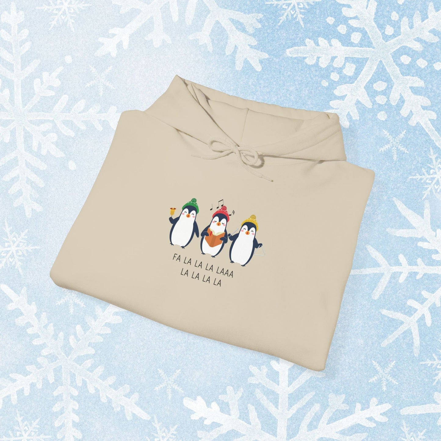 Christmas Caroling Hoodie - Funky Holiday Themed Warm Hoodie, with a design of 3 christmas penguins singing Fa La La La Laaa La La La