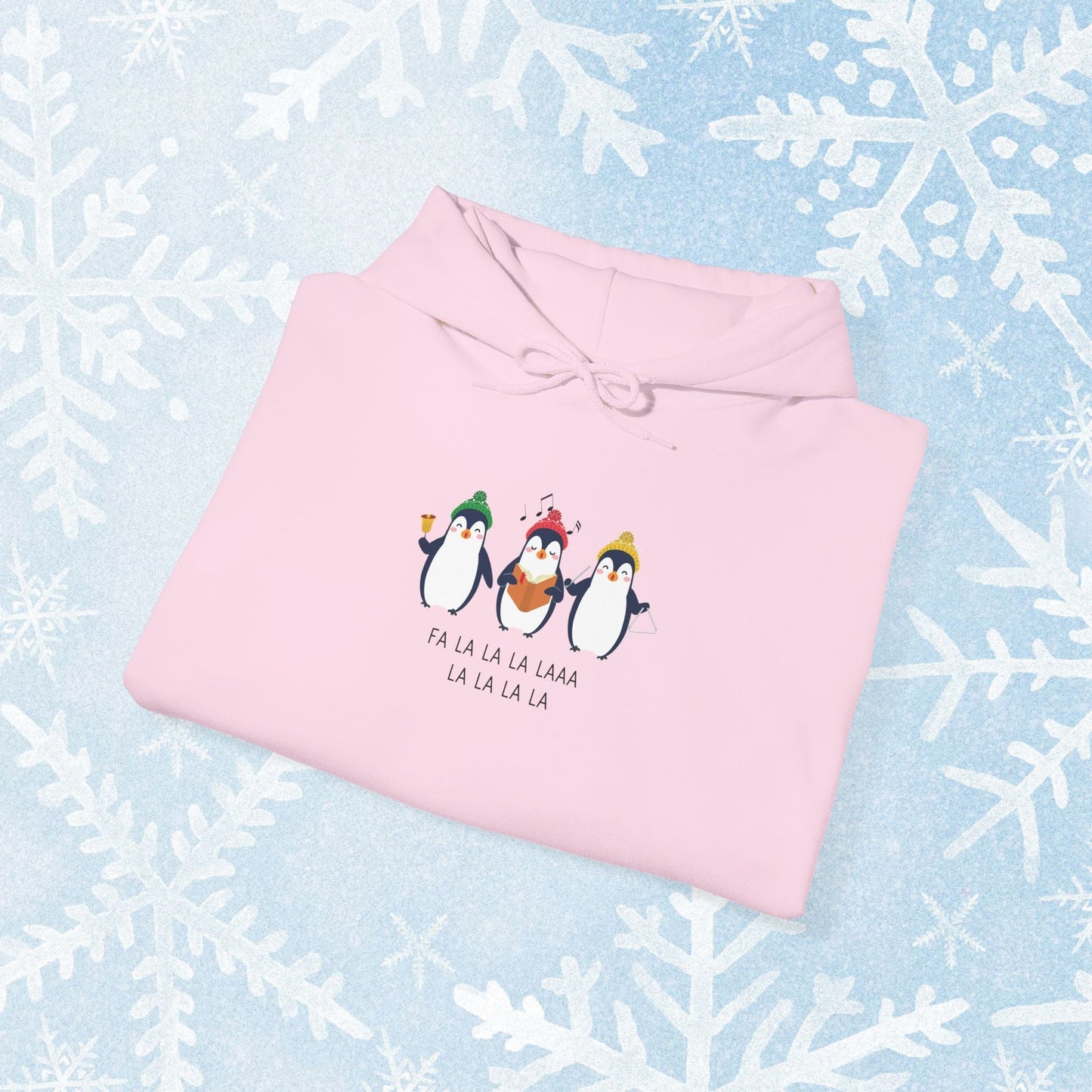 Christmas Caroling Hoodie - Funky Holiday Themed Warm Hoodie, with a design of 3 christmas penguins singing Fa La La La Laaa La La La