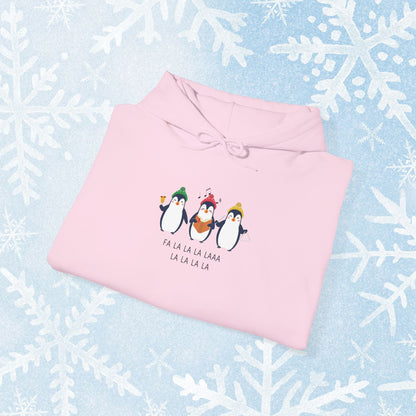 Christmas Caroling Hoodie - Funky Holiday Themed Warm Hoodie, with a design of 3 christmas penguins singing Fa La La La Laaa La La La