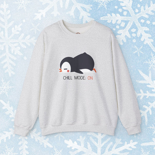 Chill Mode Sweatshirt - Lazy Days, Holiday Season, Penguin Crewneck, Big lazy penguin design with 'Chill mode: on' text