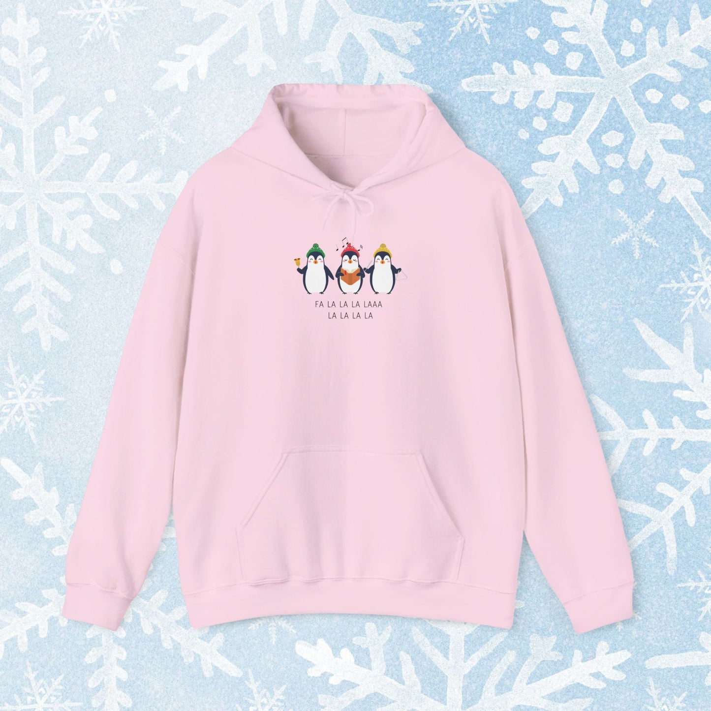 Christmas Caroling Hoodie - Funky Holiday Themed Warm Hoodie, with a design of 3 christmas penguins singing Fa La La La Laaa La La La