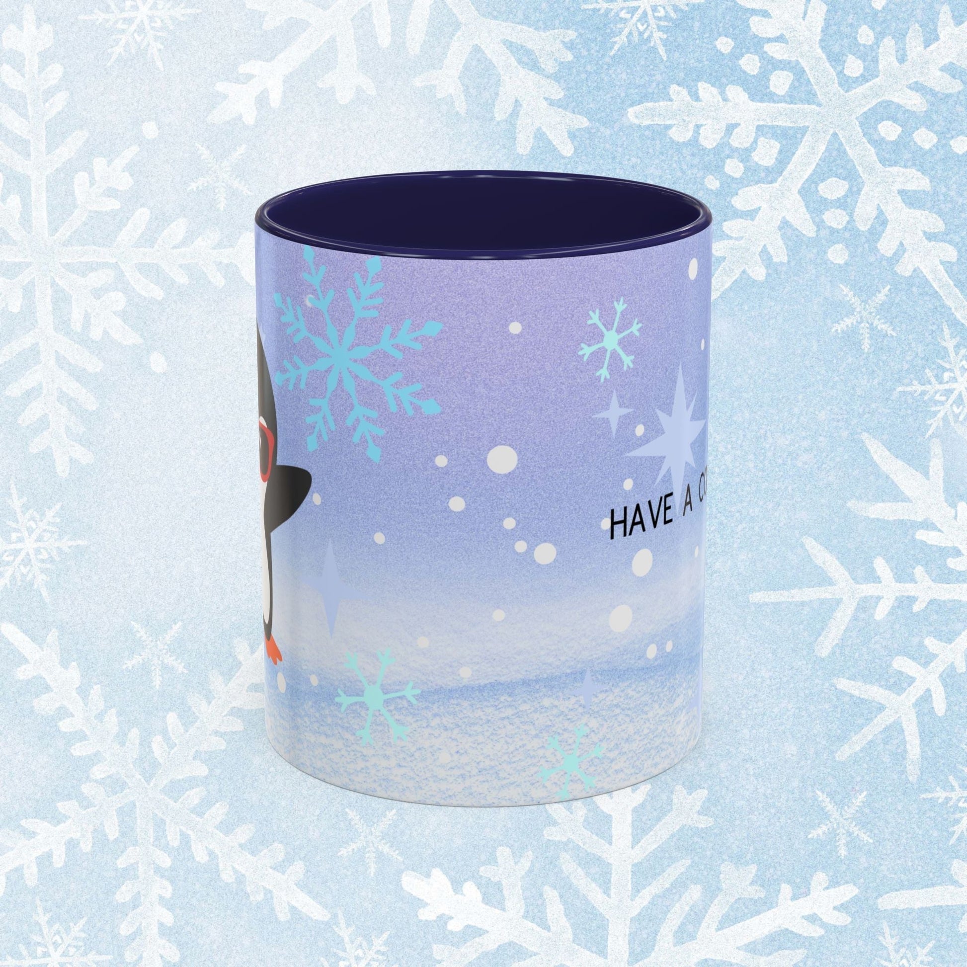 Cool Christmas Mug - Penguin and Winter Themed Cool Xmas Coffee Mug, with text saying 'have a cool xmas' and a cool penguin with a winter themed background