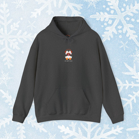 Cozy Vibes Hoodie - Perfect for Cold Days at Home with Tea and Music. small penguin design in the middle and text saying 'my happy place'