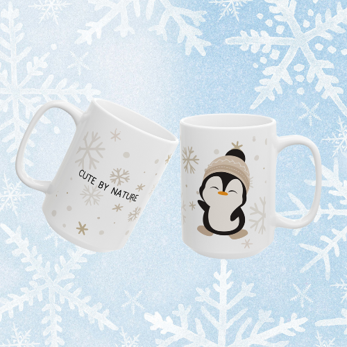 Penguin Mug - Cute Ceramic white mug with a cute penguin design wearing a winter hat. On the other side of the mug there is a text saying "Cute by nature".