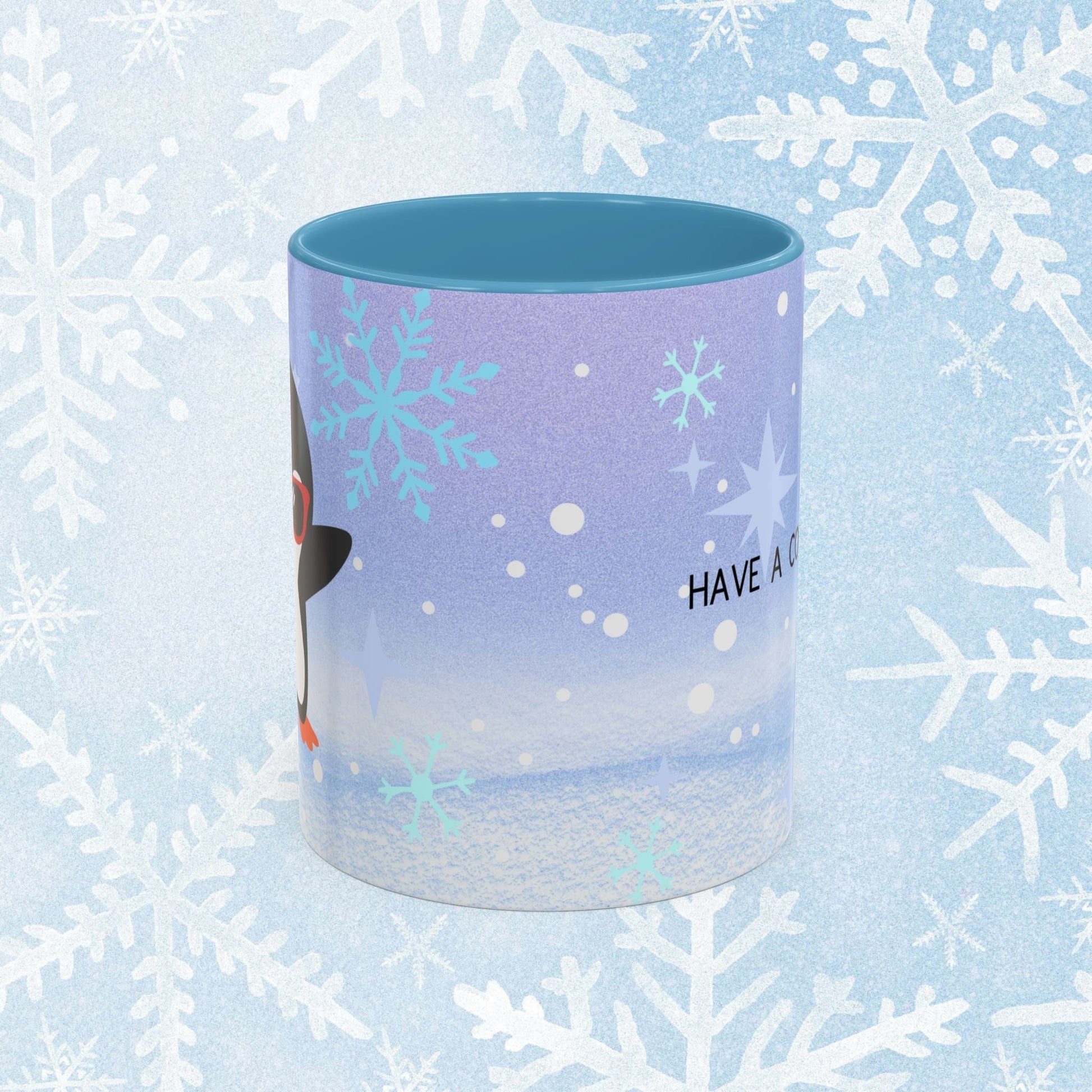 Cool Christmas Mug - Penguin and Winter Themed Cool Xmas Coffee Mug, with text saying 'have a cool xmas' and a cool penguin with a winter themed background