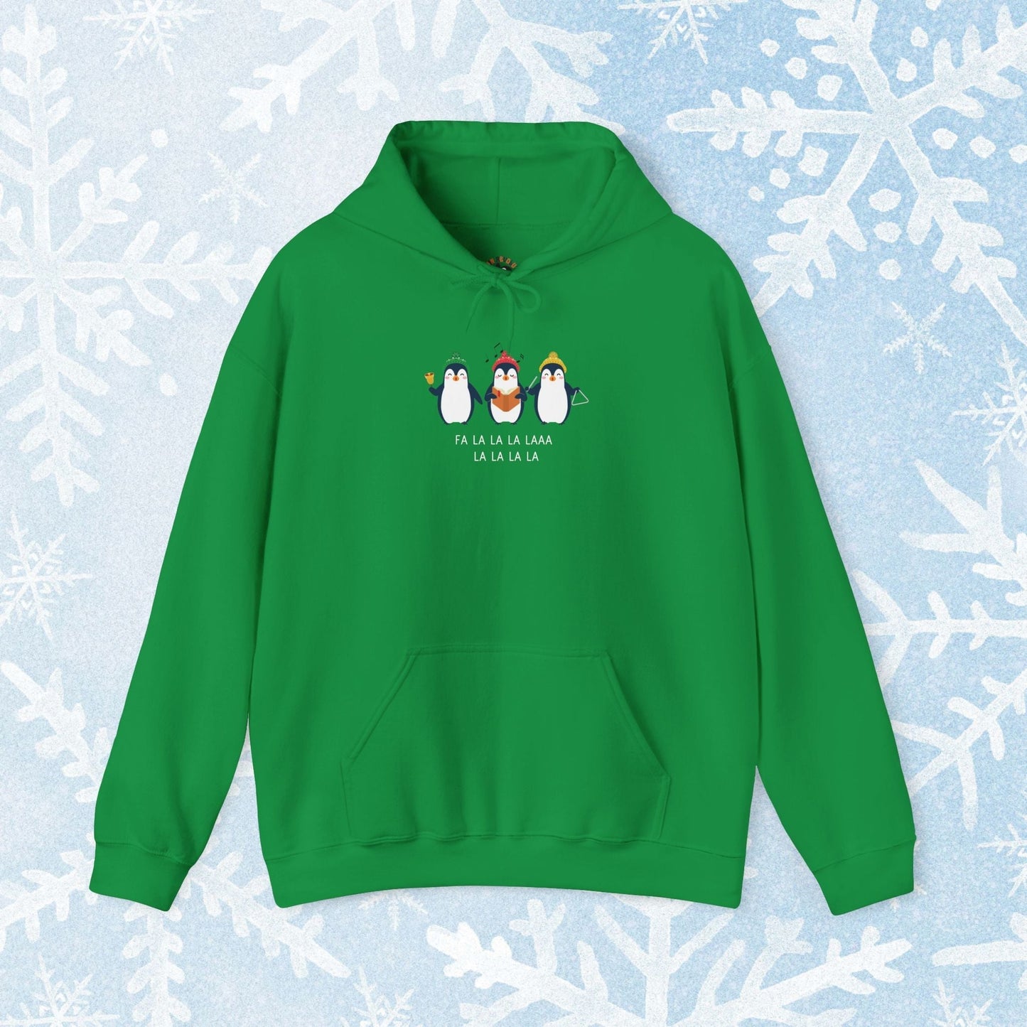 Christmas Caroling Hoodie - Funky Holiday Themed Warm Hoodie, with a design of 3 christmas penguins singing Fa La La La Laaa La La La