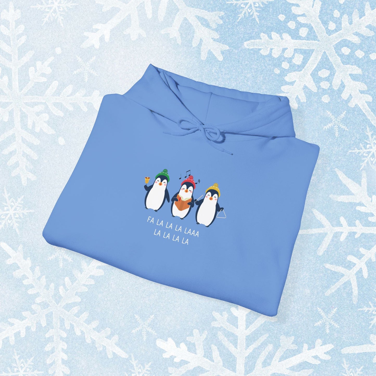 Christmas Caroling Hoodie - Funky Holiday Themed Warm Hoodie, with a design of 3 christmas penguins singing Fa La La La Laaa La La La