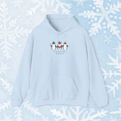 Christmas Caroling Hoodie - Funky Holiday Themed Warm Hoodie, with a design of 3 christmas penguins singing Fa La La La Laaa La La La