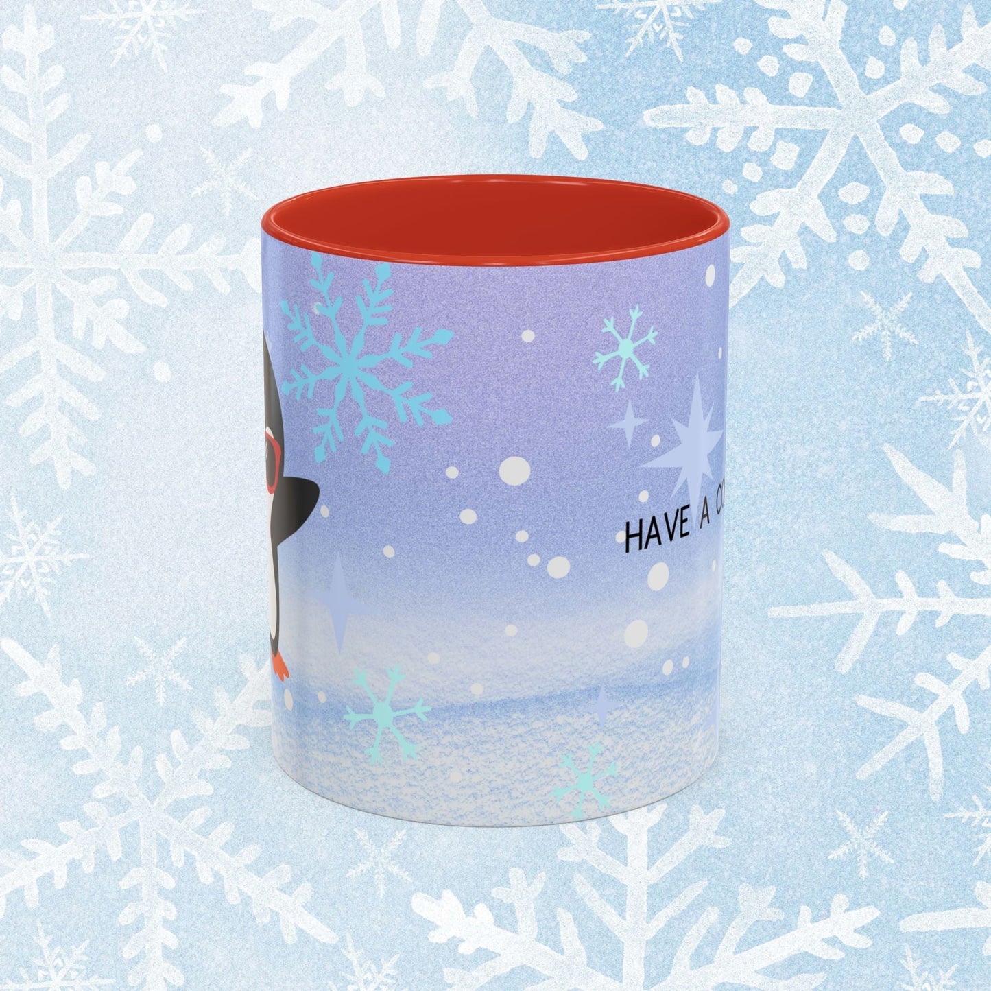 Cool Christmas Mug - Penguin and Winter Themed Cool Xmas Coffee Mug, with text saying 'have a cool xmas' and a cool penguin with a winter themed background