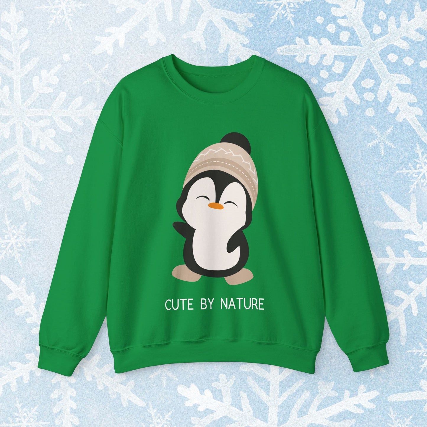 Cute Penguin Sweatshirt - Unisex Heavy Blend™ Crewneck, Cute by Nature, big cute winter penguin design, underneath a text "cute by nature"