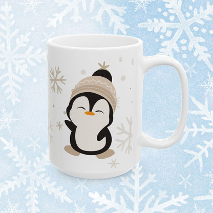 Penguin Mug - Cute Ceramic white mug with a cute penguin design wearing a winter hat. On the other side of the mug there is a text saying "Cute by nature".