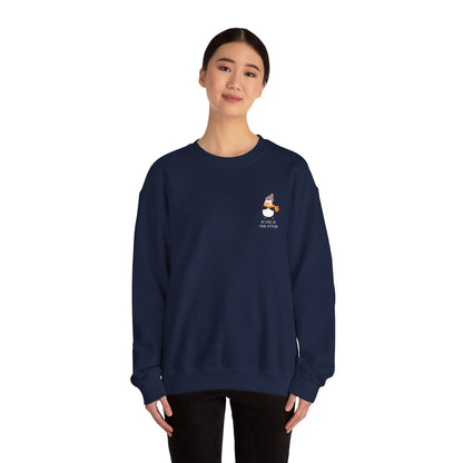 Funny Winter Sweatshirt - Penguin with an Attitude, Unisex Sweatshirt. Small Penguin design on the side with winter clothing, and text 'as cold as your attitude'