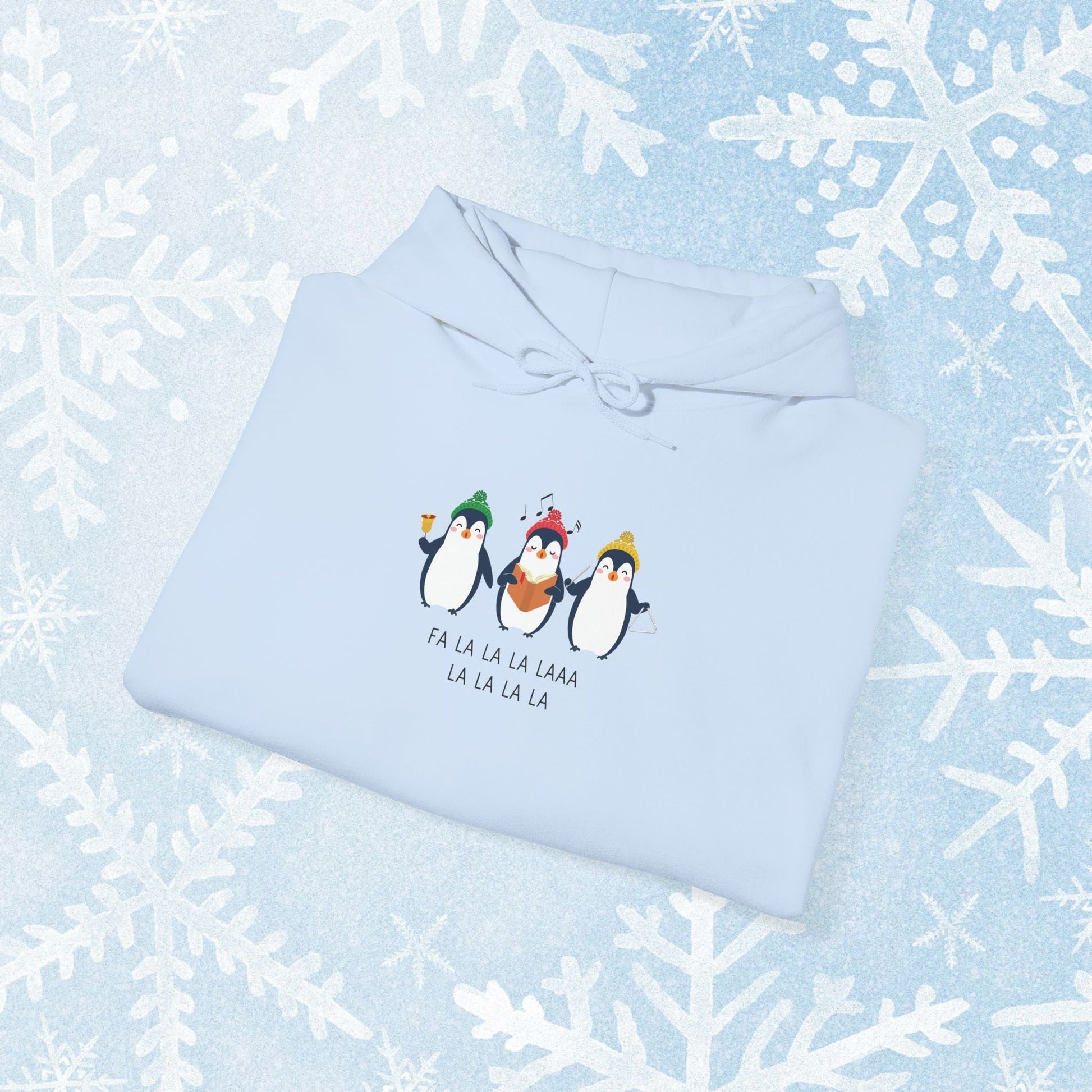 Christmas Caroling Hoodie - Funky Holiday Themed Warm Hoodie, with a design of 3 christmas penguins singing Fa La La La Laaa La La La