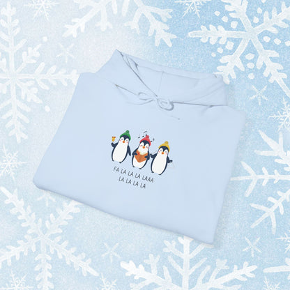 Christmas Caroling Hoodie - Funky Holiday Themed Warm Hoodie, with a design of 3 christmas penguins singing Fa La La La Laaa La La La