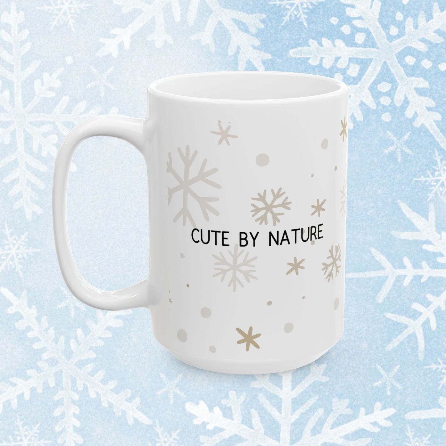 Penguin Mug - Cute Ceramic white mug with a cute penguin design wearing a winter hat. On the other side of the mug there is a text saying "Cute by nature".