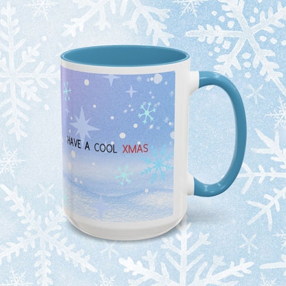 Cool Christmas Mug - Penguin and Winter Themed Cool Xmas Coffee Mug, with text saying 'have a cool xmas' and a cool penguin with a winter themed background