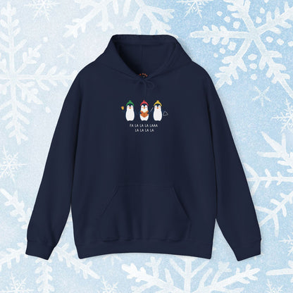 Christmas Caroling Hoodie - Funky Holiday Themed Warm Hoodie, with a design of 3 christmas penguins singing Fa La La La Laaa La La La