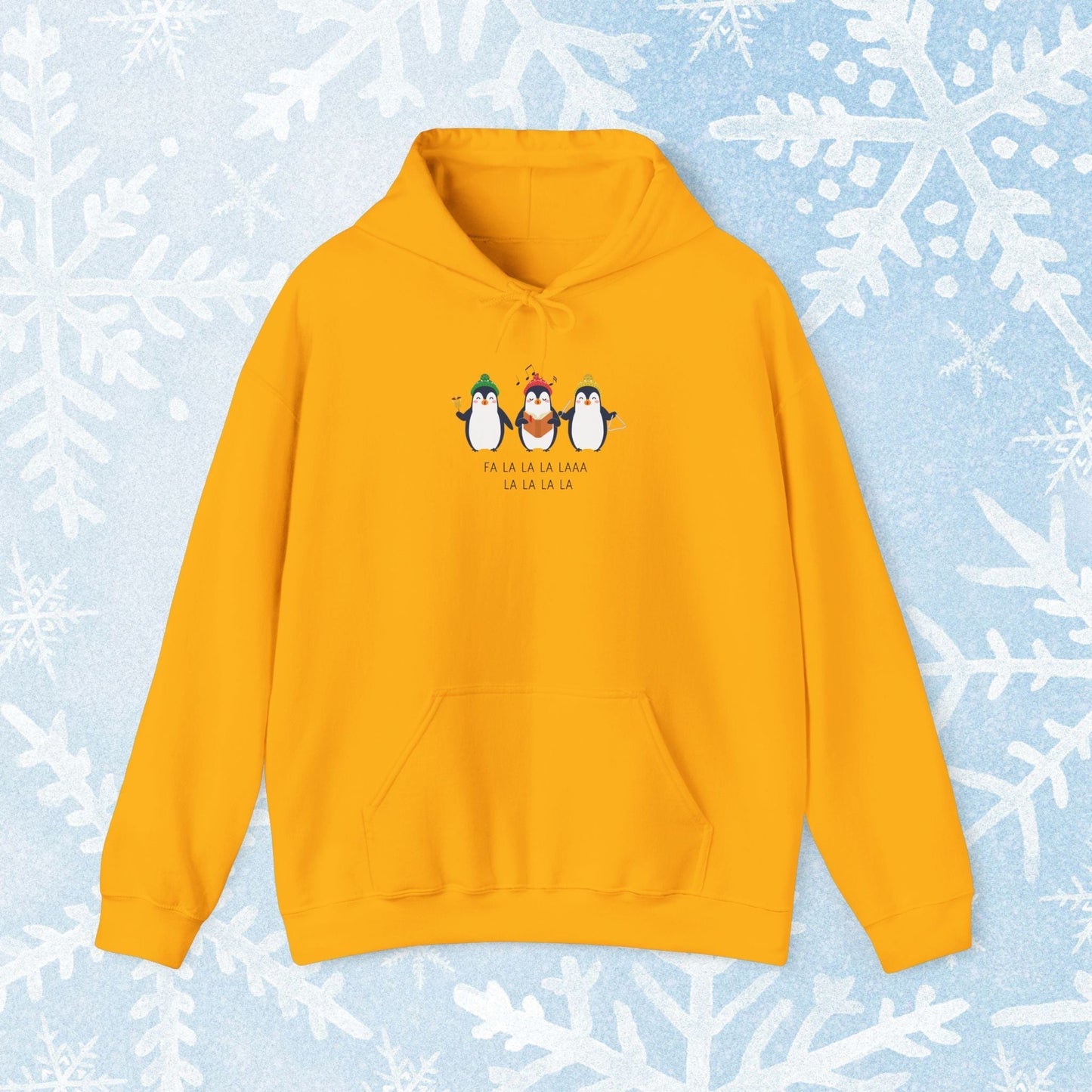 Christmas Caroling Hoodie - Funky Holiday Themed Warm Hoodie, with a design of 3 christmas penguins singing Fa La La La Laaa La La La