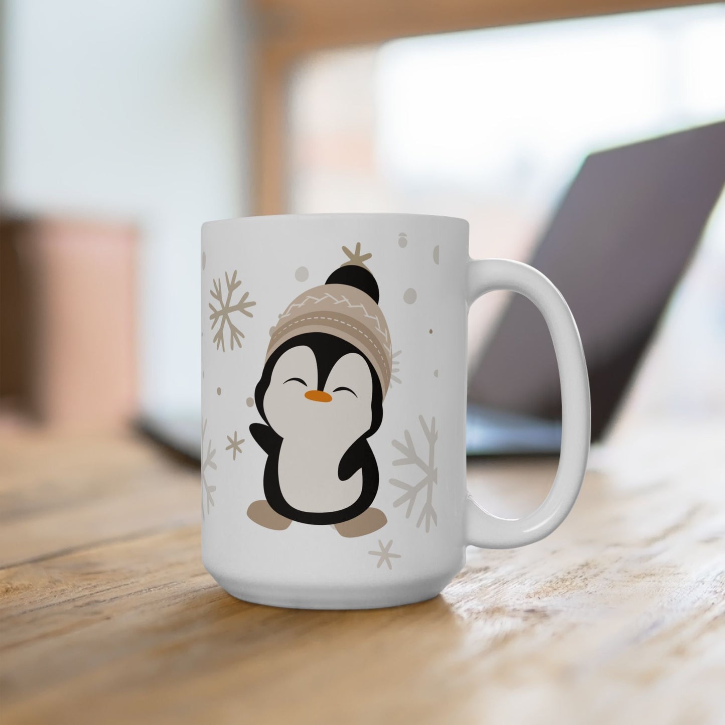 Penguin Mug - Cute Ceramic white mug with a cute penguin design wearing a winter hat. On the other side of the mug there is a text saying "Cute by nature".